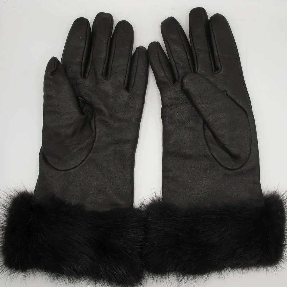 Ladies black leather gloves, cashmere/wool blend lined, mink trimmed M